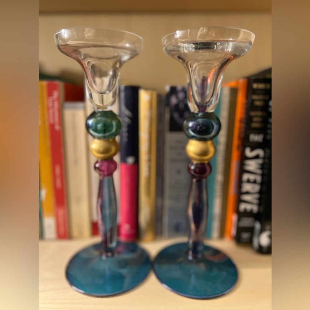 Pair of Glass Candle Stick Holders - 90's Style Multicoloured Coloured Glass